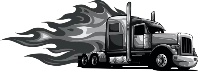 Fototapeten monochromatic american semi truck. Isolated vehicle with fire flame on white background. © deanz