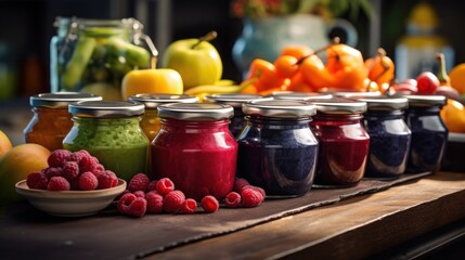 Jars of colorful purees with fresh fruits on rustic table.