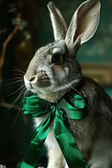 Rabbit with a green bow, St. Patrick's day theme.