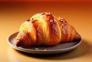 Fresh French croissant on a plate on a yellow background