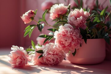 Pink peonies in a vase on a pink background. Still life