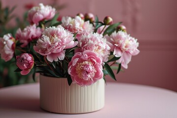 Beautiful peony flowers in vase on table, closeup