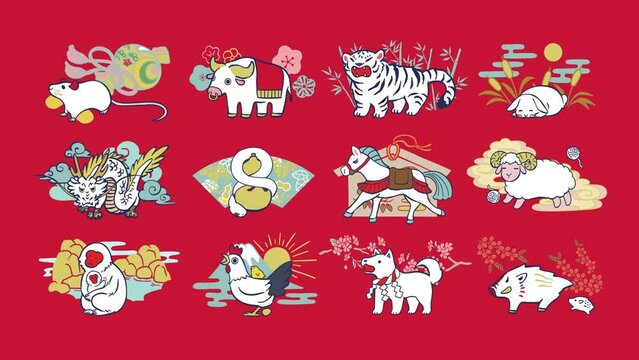 可愛い十二支の手描きループアニメーションセット。お正月用素材。白い動物達。