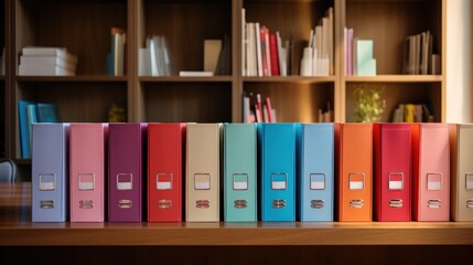 Colorful office binders line up neatly on desk.
