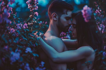 a fantastic couple. perfect muscular man hugging beautiful elegant woman, passion, rich colors, flowers. generative AI