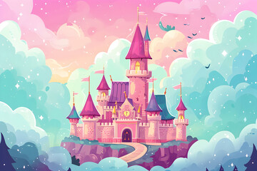 Pink princess castle in the clouds. fairy tale. fantasy. dreams - obrazy, fototapety, plakaty