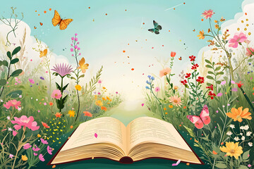 An open book is lying on the spring landscape. butterflies and flowers. escape from reality escapism