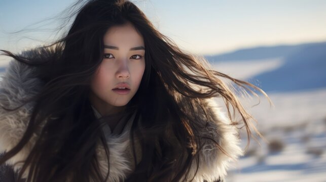 Portrait of attractive Mongolian young woman with long hair in winter outdoor, selective focus.