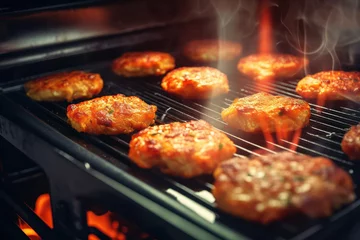 Fotobehang Cook meal barbecue bbq hamburger grill beef fire food closeup meat summer © VICHIZH