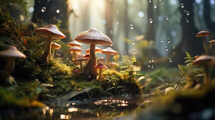 Mystical mushrooms emerge in magical forest.