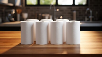 Fototapeta na wymiar Rolls of paper towels stand on polished table.