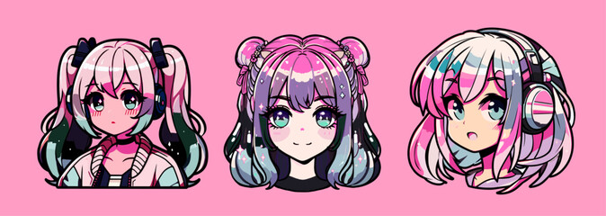 Obraz premium Set of anime gamer girls with pink and blue hair on pink background. Illustrations for stickers or flash tattoos. 