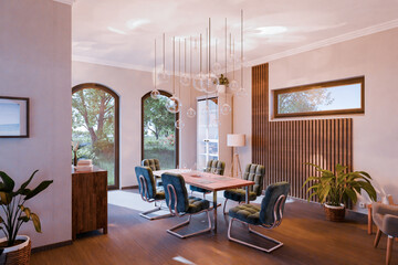 luxurious loft apartment with floor-to-ceiling windows and panoramic view; modern minimalistic interior design of living room and dining room area; bright daylight; 3D rendering