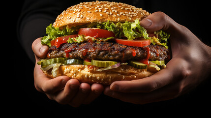 close up of a man hands holding a tasty big burger