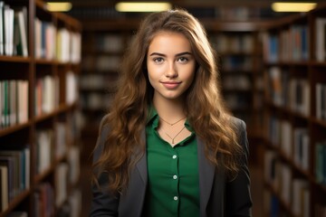 portrait of a happy female gen z high school student in the library 