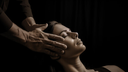 Captivating scene of a hypnotist inducing a woman into a profound state of tranquility.