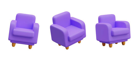 Vector purple armchair with wooden legs. Realistic soft chair in different positions. Luxury furniture for home. Illustrations for online store, application, game