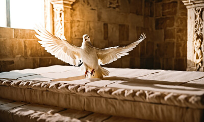 Holy Week: White Dove on Golden Altar Symbolize Peace and Sacrifice