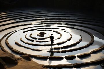 Fototapeta na wymiar A person practices mindful walking along a labyrinth, tracing the winding path with each deliberate step on background of nature
