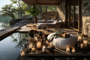 Summer spa hotel, couches and burning candles by the pool