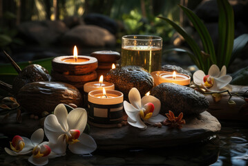 Burning candles and orchid flowers among spa stones