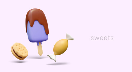 Advertisement of sweets on colored background. 3D popsicle with topping, candy, cookie sandwich. Cartoon style concept. Template for flyer, banner, header