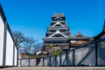 Kumamoto Castle view from terrace and balcony  in sunny blue sky day, Kumamoto, Japan.. the Kumamoto castle was a large and well-fortified castle.