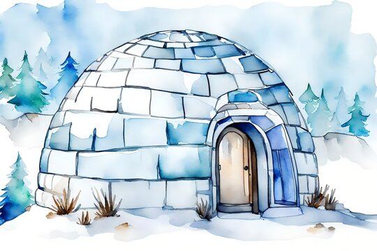 watercolor painting of igloo