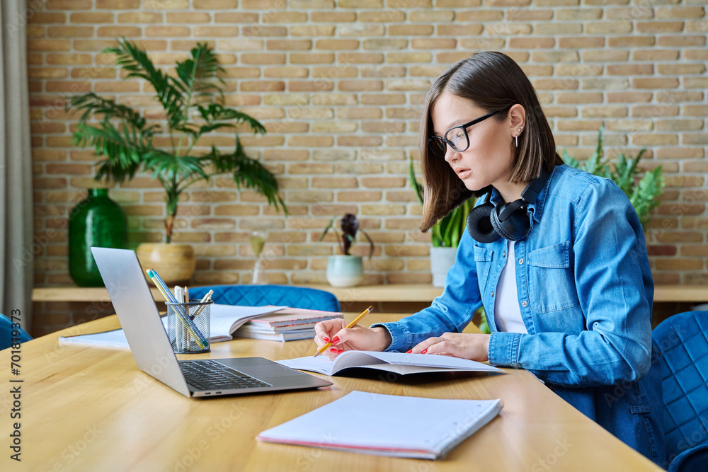 Wall mural Young female university student studying at home, using laptop