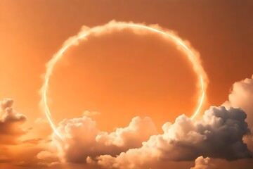 Blank circle white glowing light frame on dreamy fluffy cloud with aesthetic orange neon sky background