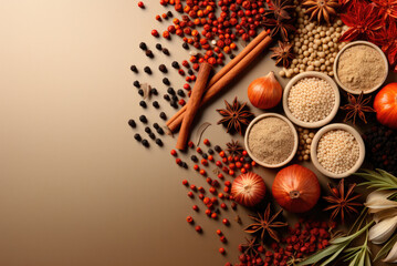 Set of various spices and herbs on wooden background. Top view with space for your recipe. Flat lay