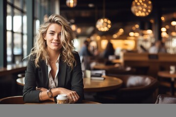 Young beautiful stylish woman in white blazer with cup od coffee sitting in restaurant - obrazy, fototapety, plakaty