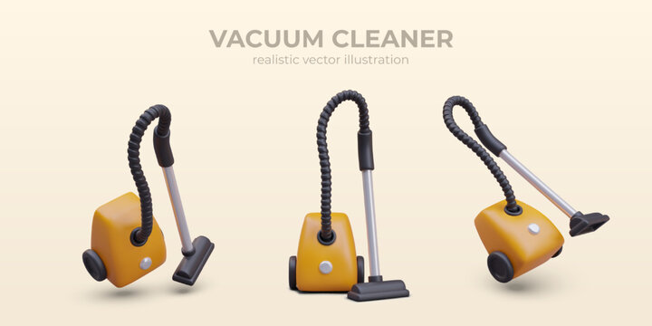 Realistic vacuum cleaners in different positions. Poster with room cleaning equipment on yellow background and place for text. Vector illustration in 3d style