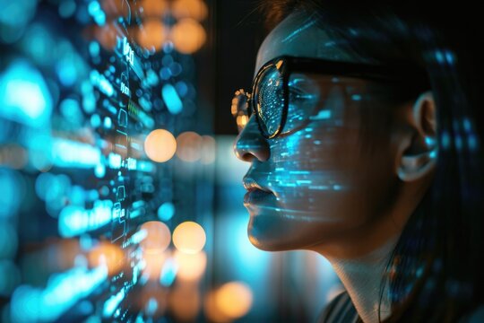 Woman with eyeglasses looking at the data on the screen.