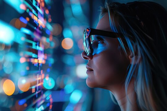 Woman with eyeglasses looking at the data on the screen.