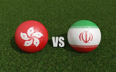Footballs in flags colors on grass. Hong kong with Iran. 2023 asian cup tournament. 3d rendering