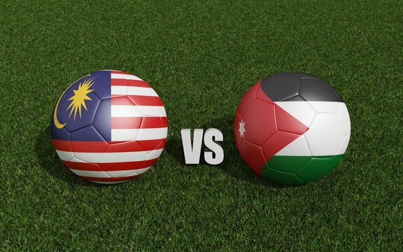Footballs in flags colors on grass. Uzbekistan with Syria. 2023 asian cup tournament. 3d rendering