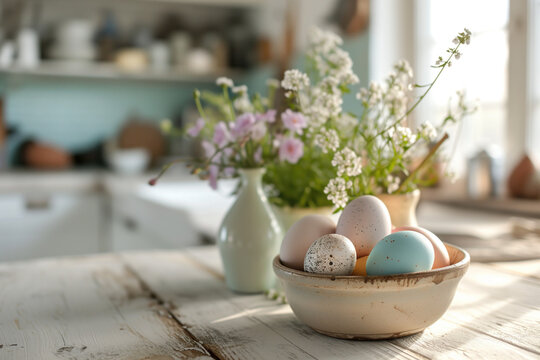 Colorful Easter eggs and spring flowers in the kitchen. Generative AI