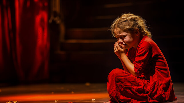 A tearful child caught in the midst of a deeply moving theatrical scene.