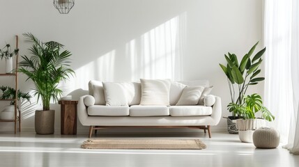 A Stylish Living Room with a White Couch and Lush Potted Plants
