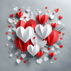 Paper hearts on gray background with copy space. AI generated illustration