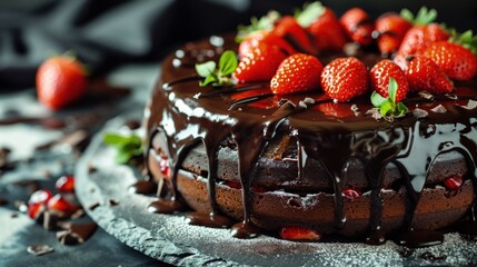 Delicious Chocolate Cake Topped with Fresh Strawberries