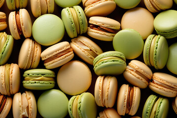 Set of many tasty macarons green and beige on bright background. Pattern of colorful french cookies. homemade food