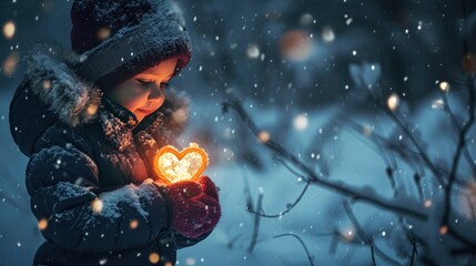 A child holding a glowing heart in a snowy night. Concept of kindness and help - obrazy, fototapety, plakaty