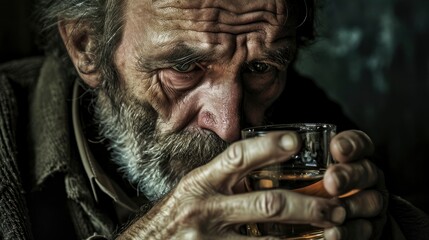 A distressed man grappling with alcohol addiction, his expression fraught with despair, clutches a glass of liquor, symbolizing the struggle and pain of dependency - obrazy, fototapety, plakaty