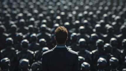 A man in business attire, standing with a look of quiet resolve amidst a sea of faceless, uniform figures. Individuality versus conformity concept - obrazy, fototapety, plakaty