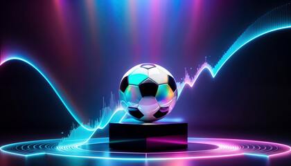 concept of wave passing through futuristic soccer ball on podium