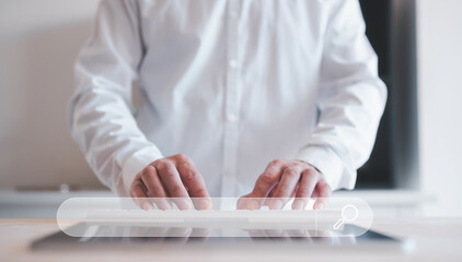 businessman typing on keyborad in concept of search engine data search Browsing Internet Data...