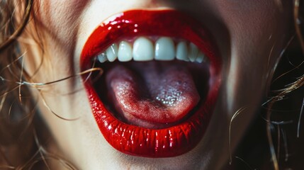 Close-Up of Woman's Mouth with Blood - obrazy, fototapety, plakaty