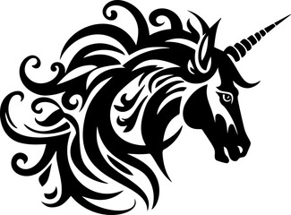 Black silhouette of unicorn. Vector illustration drawing, isolated on white background. Black shape of unicorn head